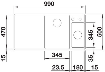 Схема встраивания 1 для мойки Blanco AXIA III 6 S-F кофе чаша справа клапан-автомат InFino 523494