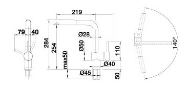 Схема встраивания для смесителя Blanco Linus-S рычаг справа сатинированное золото satin gold 526684