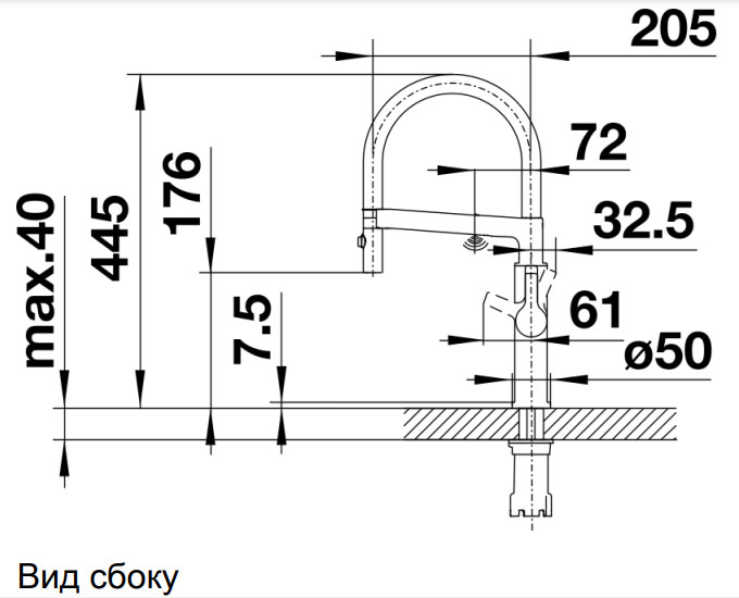 Схема встраивания 1 для смесителя Blanco SOLENTA-S Senso Рычаг управления слева нержавеющая сталь 523127