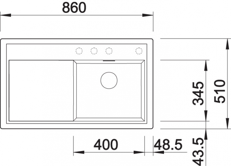 Схема встраивания 1 для мойки Blanco ZENAR 45S белый чаша слева клапан-автомат InFino 523810