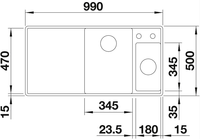 Схема встраивания 1 для мойки Blanco AXIA III 6 S-F белый чаша справа клапан-автомат InFino 523486