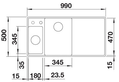 Схема встраивания 1 для мойки Blanco AXIA III 6 S-F черный чаша слева клапан-автомат InFino 525852