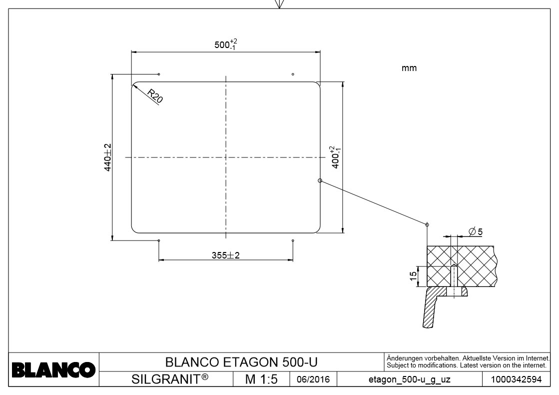 Схема встраивания 5 для мойки Blanco Etagon 500-U SILGRANIT PuraDur черный клапан-автомат InFino 525887